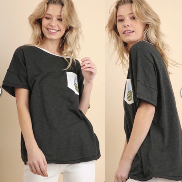 New Umgee Ash Grey Pineapple Pocket Tee - Picture 1 of 8